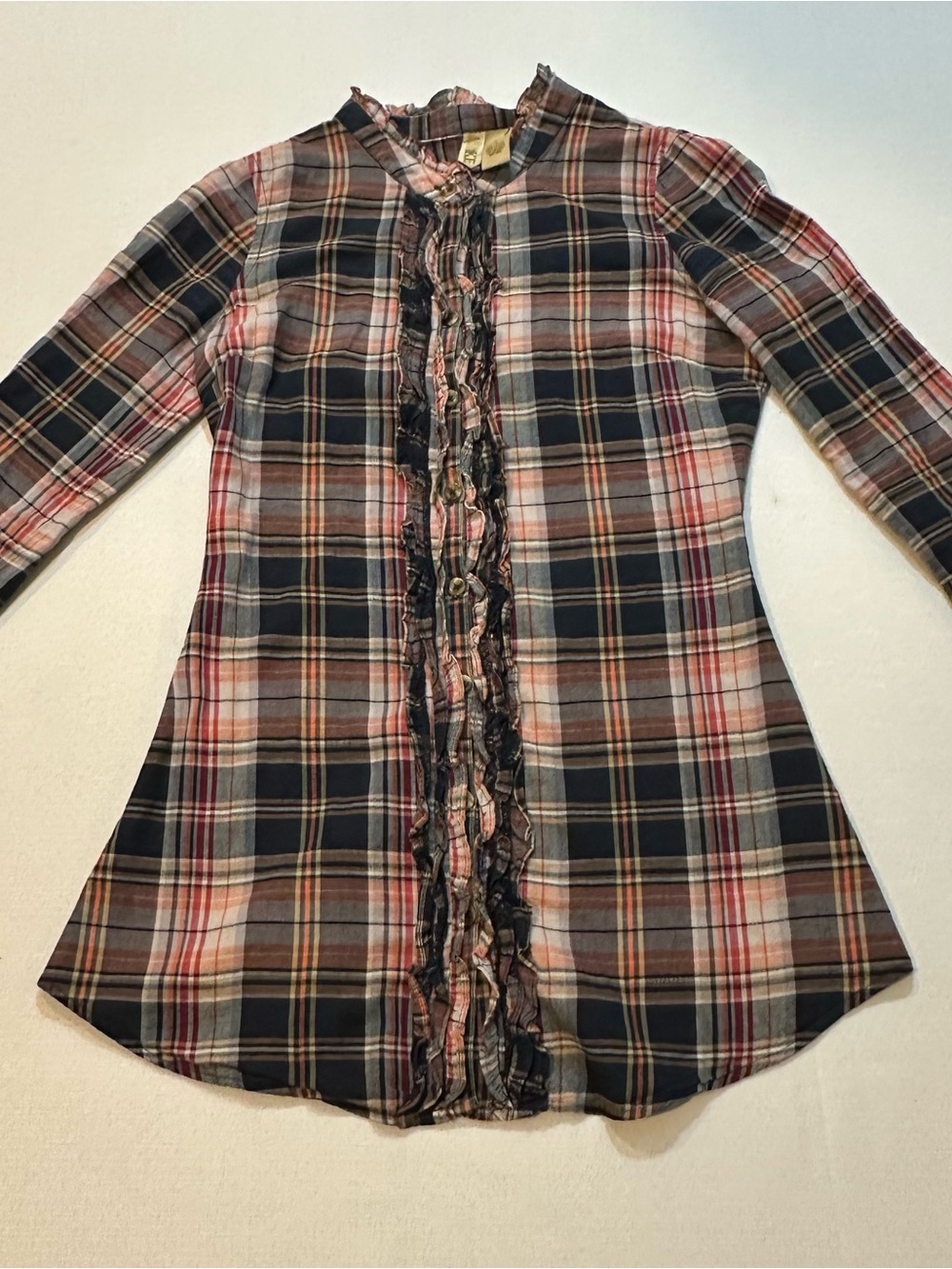 BKE Boutique Plaid Ruffle Front Tunic Top Size Small Boho Cottagecore